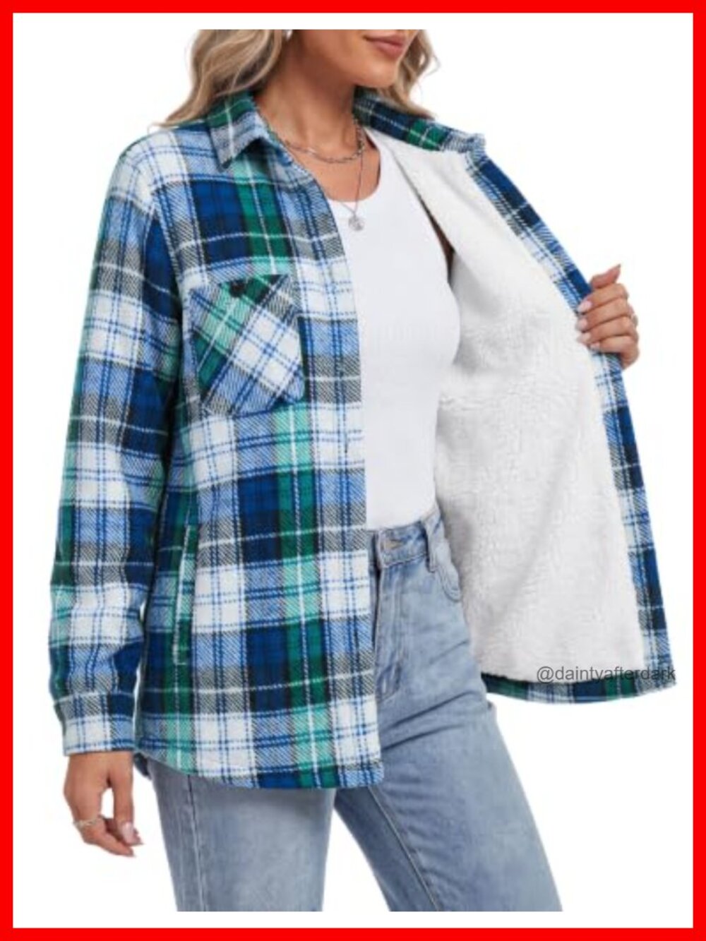 Sherpa Lined Plaid Flannel Shacket Button Front Chest Pockets